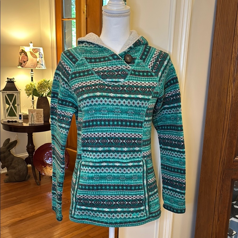Koppen Blue and Green Cowl Neck Sweater with Geometric Patterns